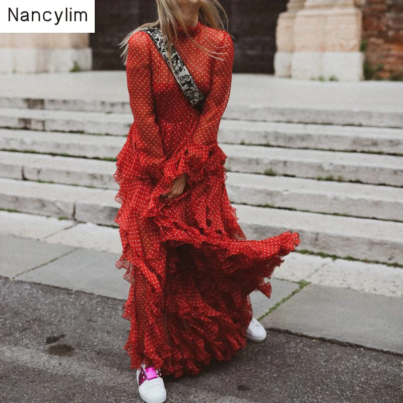 

European and American Retro Wave-point Long-sleeved Lotus-leaf Long Chiffon Dress Hepburn Style Women Sexy Maxi Dress Two-piece