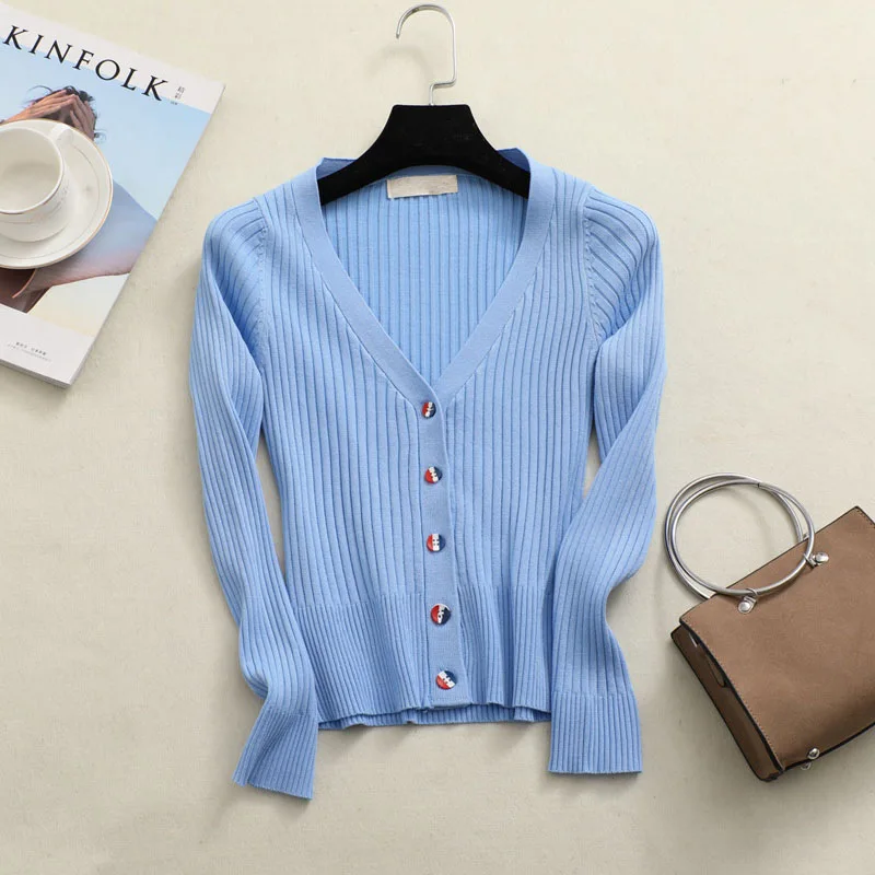 Women Slim V Neck Knitted Cardigan Long Sleeve Cropped Cardigan Sweaters Ladies Solid Shrugs for Women Short Cardigans Candy D76