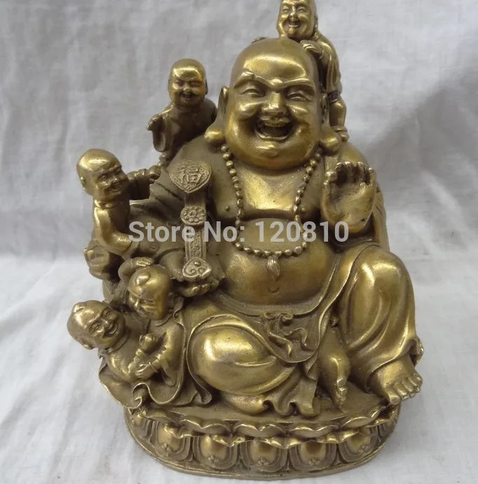 

Chinese Pure Brass Buddhism RuYi Happy Laugh Maitreya Buddha 5 Kid Child Statue