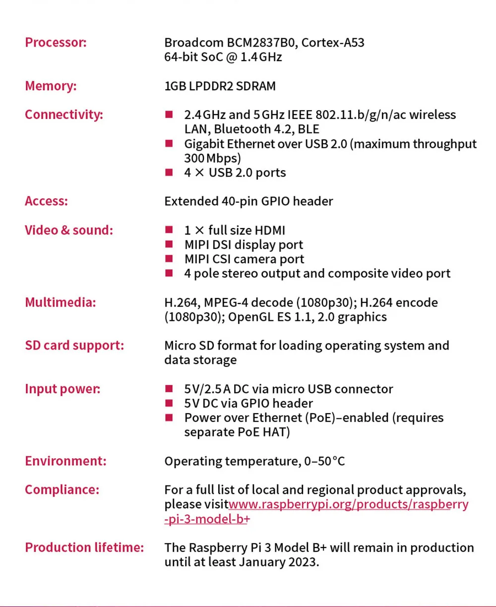 Raspberry Pi 3 Model B+(заглушка) Встроенный Broadcom 1,4 ГГц quad-core 64-разрядный процессор Wi-Fi, Bluetooth и Gigabit Ethernet через USB