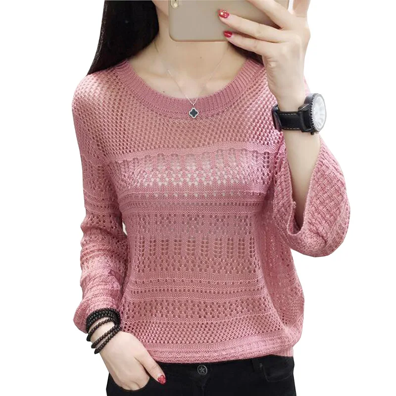 

Women Sweaters 2019 Spring Autumn O-Neck Hollow Out Casual Knitted Tops female Three Quarter Loose Thin Knit Pullover
