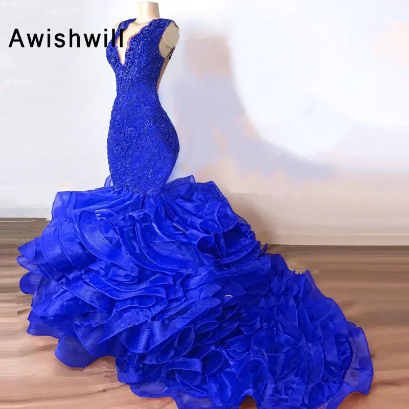 1(1) Luxury Royal Blue Lace Beaded Mermaid Prom Dresses 2019 Puffy Bottom Ruffles Long Prom Gowns Sexy Party Dress Vestido Formatura