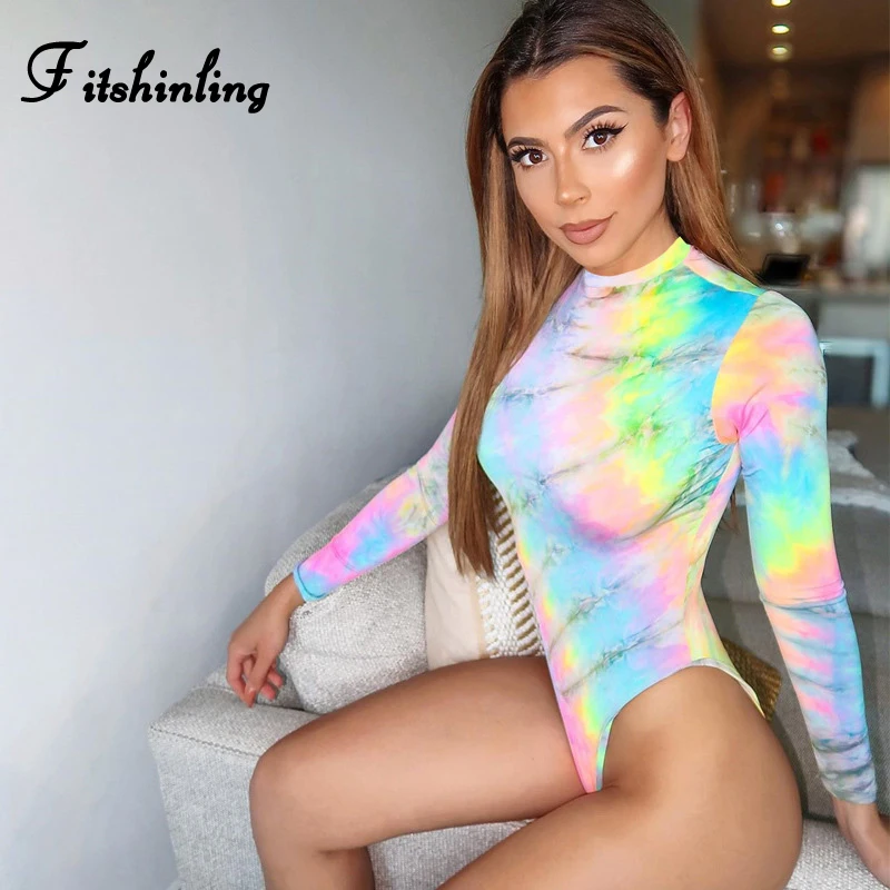 

Fitshinling Harajuku Tie Dye Bodysuit Women Autumn 2019 Fitness Body Jumpsuit Female Long Sleeve Sexy Slim Fashion Bodysuits Hot