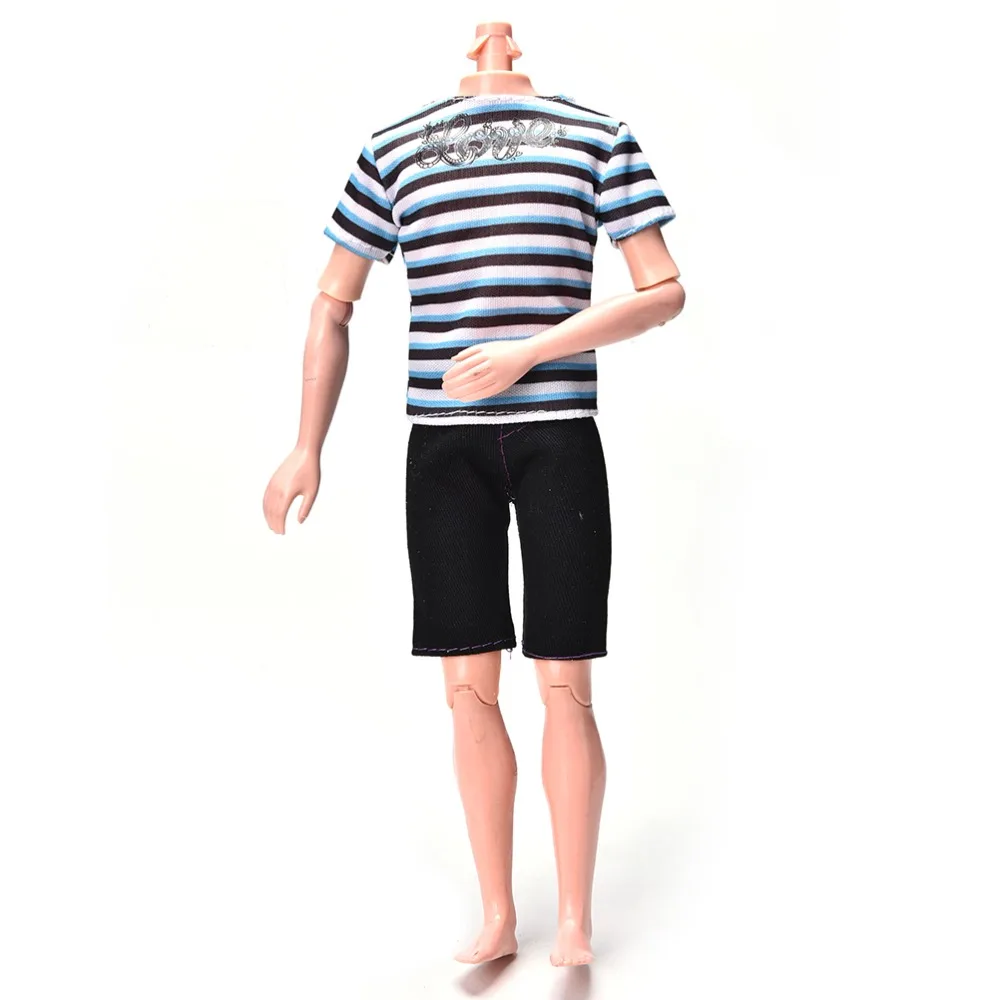 Спортивный костюм для мальчика, одежда для Кена, летняя футболка в полоску+ черные короткие штаны для куклы - Цвет: As Picture