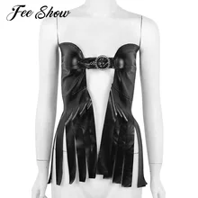 Женская мода Wetlook из искусственной кожи экзотические танки тонкий бюстгальтер без косточек жилет без бретелек Открытый спереди бахрома кисточкой асимметричный бюстгальтер майки Топ