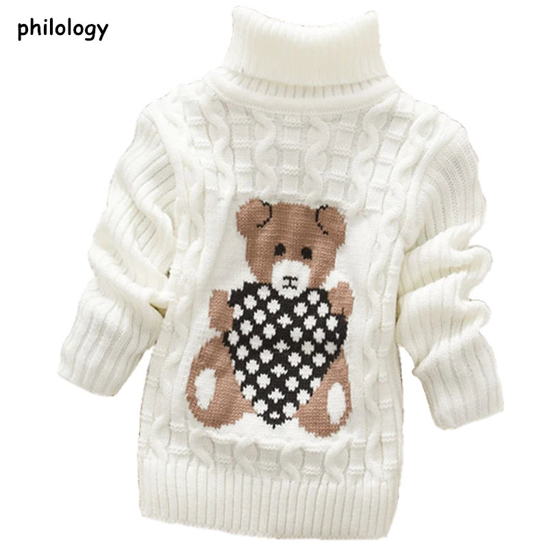 

PHILOLOGY 2T-8T bear winter boy girl kid thick Knitted bottoming turtleneck shirts baby high collar pullover toddler sweater