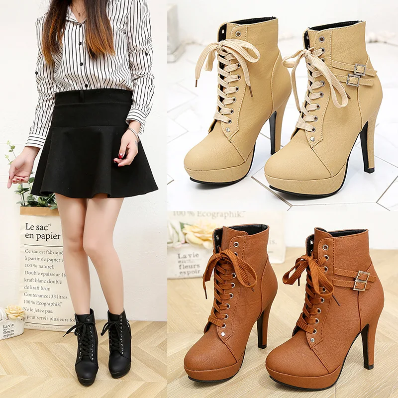 Newest Platform Women's Boots British Style Cross Straps Female Martin Boots Fashion Thin High Heel Shoes Belt Buckle Pumps