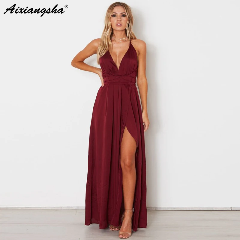 

Red Prom Dress 2019 V-neck A-line Lace Sleeveless Floor Length Chiffon Backless Side Split Eevening Gown robe de soiree