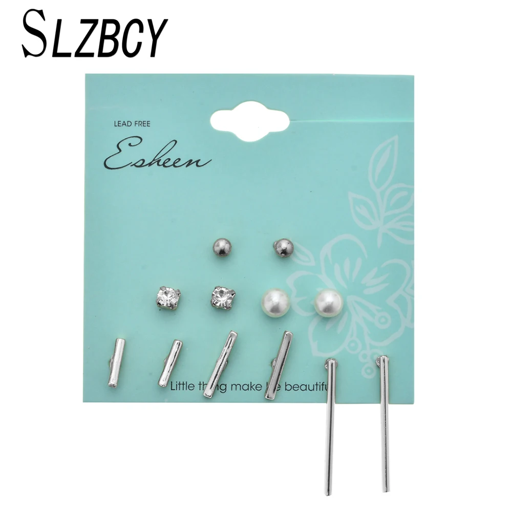

SLZBCY Romantic 6 Pairs/set Square Triangle Stud Earrings For Women Alloy Silver Color Earring Fashion Engagement Party Jewelry