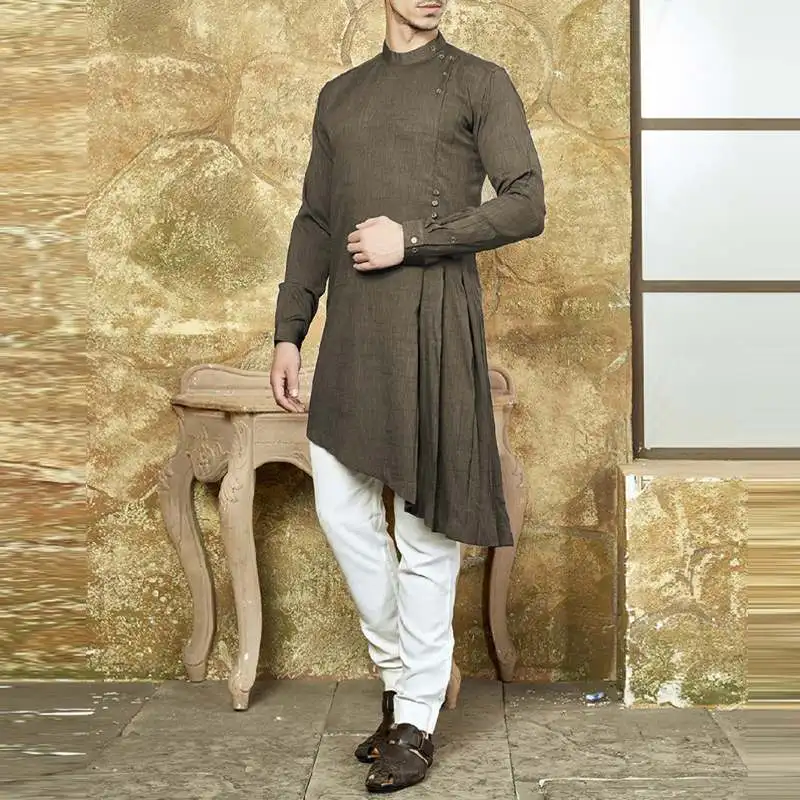 Chic Islamic Suit Dress Men Shirt Long Sleeve Muslim Asymmetric Hem Kaftan Aaudi Arabia Indian Men Tops Clothing Robe