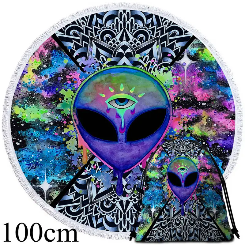 Towel 100cm-Bag Trippy Alien by Brizbazaar круглое пляжное полотенце акварельный гобелен блюдце глаз Toalla банное полотенце с кисточкой 150 см коврик с мандалой - Цвет: Towel 100cm-Bag