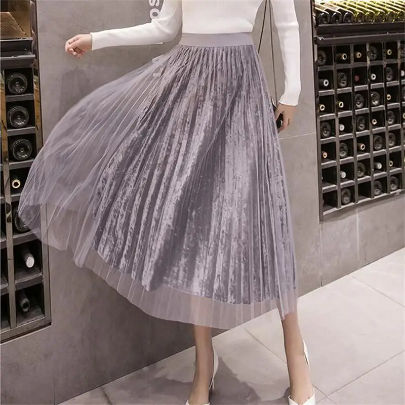 Женская одежда, Новое поступление, Женская весенне-осенняя сетчатая золотистая бархатная юбка, плиссированная юбка в китайском стиле для девочек, 4 цвета