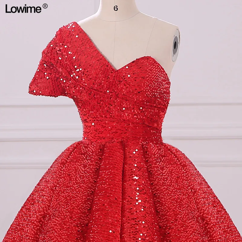 Shiny Red Sequined Arabic Ball Gown Prom Dresses Evening Gown Abendkleider One Shoulder Tea Length Women Party Dress (3)
