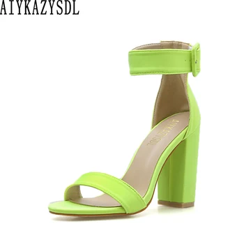 

AIYKAZYSDL Women Summer Fluorescent Neon Green Orange High Heel Ankle Strap Sandals Thick Block Chunky Heel Shoes Plus Size 42