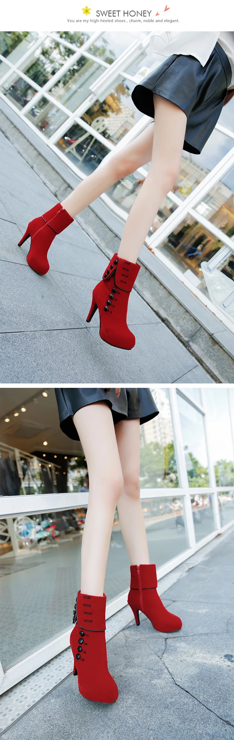 Fashion Women Ankle Boots High Heels Fashion Red Shoes Woman Platform Flock Buckle Boots Ladies Shoes Female PLUE 42