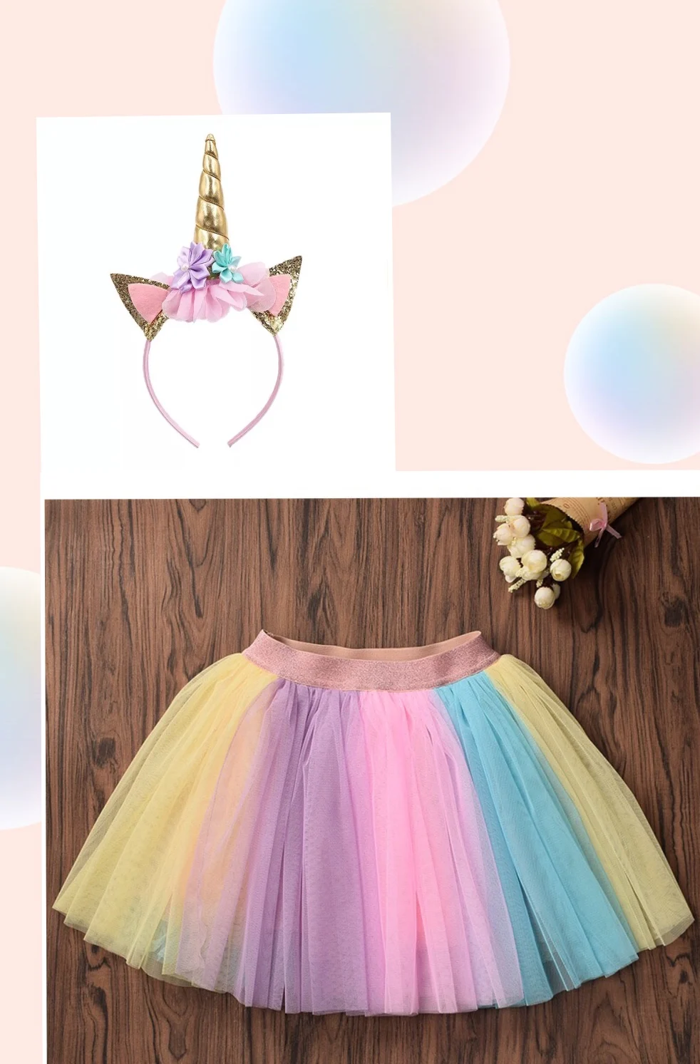 

S-L Rainbow Unicorn Girl Tutu Skirt Girl Pony Theme Birthday Party Skirts With Headband Children Unicorn Costume Set
