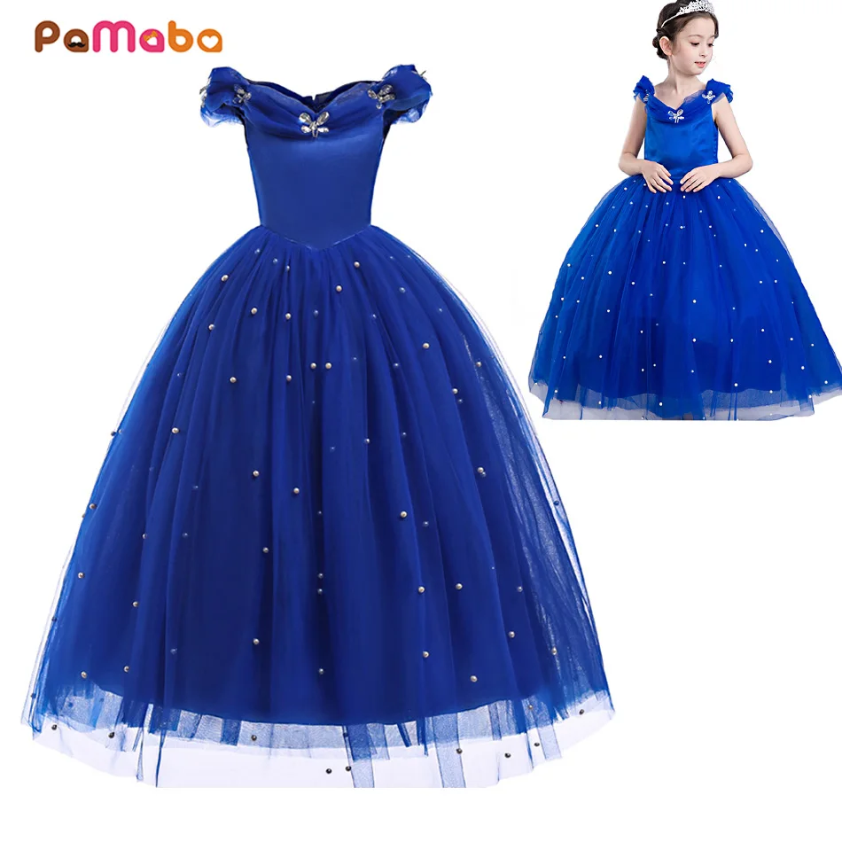 PaMaBa/одежда Золушки для девочек; платья принцессы; юбка с блестками, украшенная кристаллами и бабочками; Детский новогодний карнавальный костюм; платья