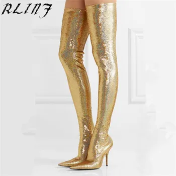 

RLINF 2018 Runway Boots Over The Knee Boots Elastic Boots Sequins Heel Thigh High