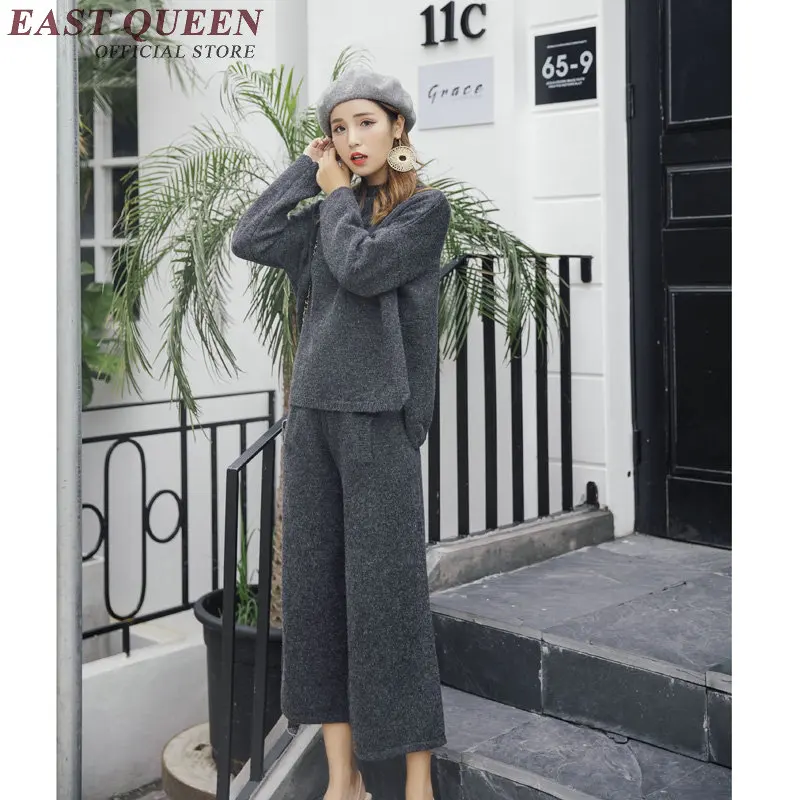 

Spring Women pantsuits sweater and wide leg pant sets o-neck women pullovers elastic waist baggy pants two pieces sets DD261 F