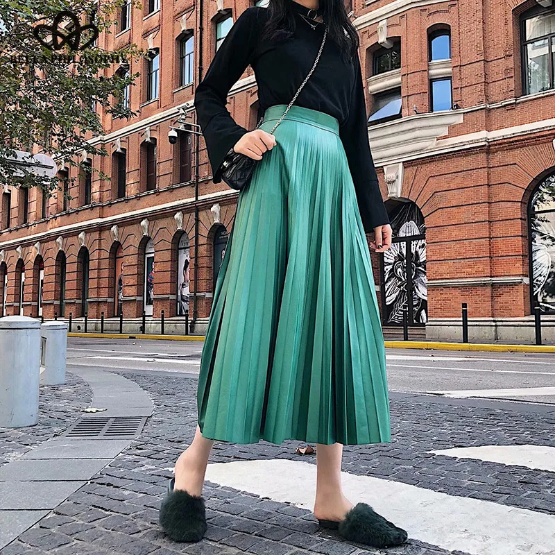 Wonder 2018 new autumn Pleated PU Leather Maxi Skirt Vintage Female A-line Long Skirts Elegant Sexy Lady Loose Skirts Bottoms