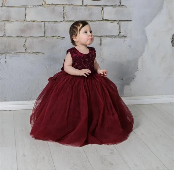 Burgundy Baby Girl Clothes Baby Girls Long Sleeve Bow Ruffle Velvet Casual Cute Dress Burgundy Baby Girl Clothes Baby Girls Long Sleeve Bow Ruffle Velvet Casual Cute Dress