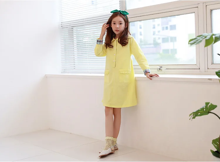 children school long shirts big girls dresses fall 2018 autumn cotton teen girls dress princess long sleeve tops yellow clothing (9)