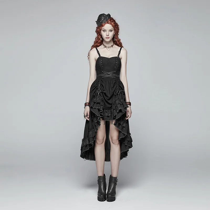 

PUNK RAVE Women Steampunk Dress Pleated Sexy Sleeveless Backless Party Vintga Ruffles Casual Fashion Personality Strap Dress