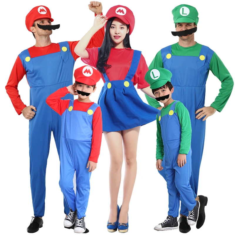 

Adult Child Woman Green / Red supermario costume Dress super mario costume with Hat and beard