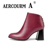 

Aercourm A Women Genuine Leather Ankle Boots Lady Cowhide Boots Winter Short Plush Pointed Toe Shoes High Heel Boots Zipper Z943