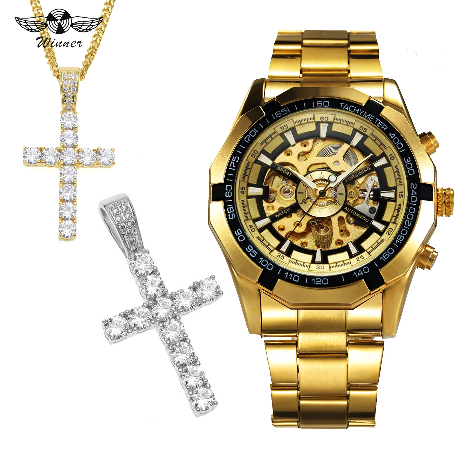 

WINNER Official Gold Skeleton Watch Men Automatic Mechanical Luxury Brand Jewelry Set + Crystal Hip Hop Iced Out Cross Necklace