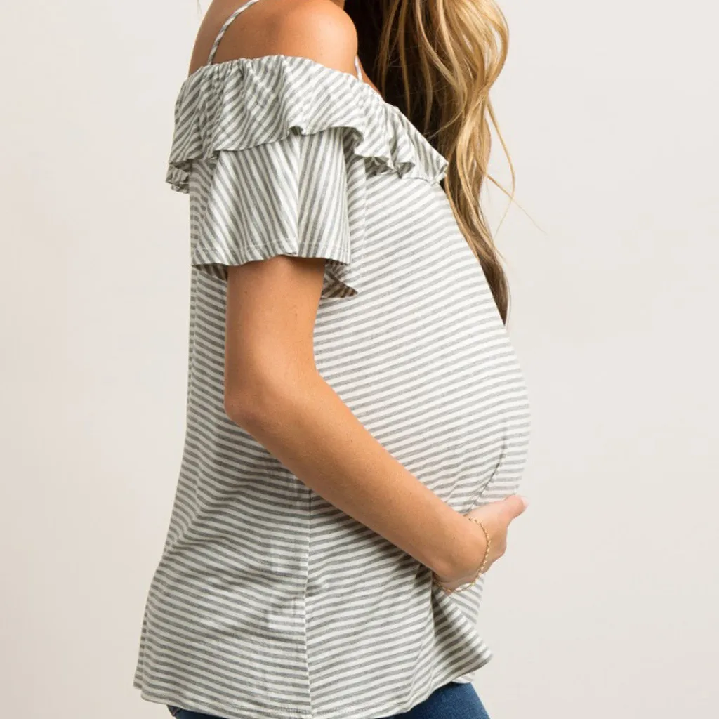 LONSANT, женская блузка с коротким рукавом на бретельках для беременных, полосатая футболка с оборками и открытой спиной, летняя хлопковая удобная одежда для беременных