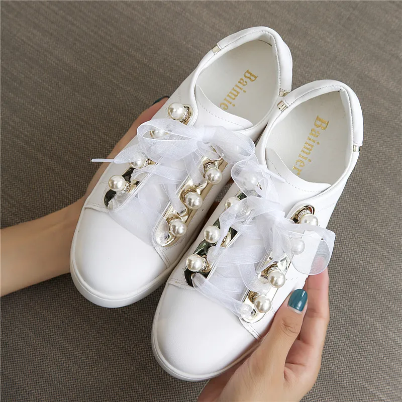 

European Brand Pearl Ribbon White Shoes Women Beaded Flats Riband Lace-Up Platform Oxfords Students Loafers All Match Creepers