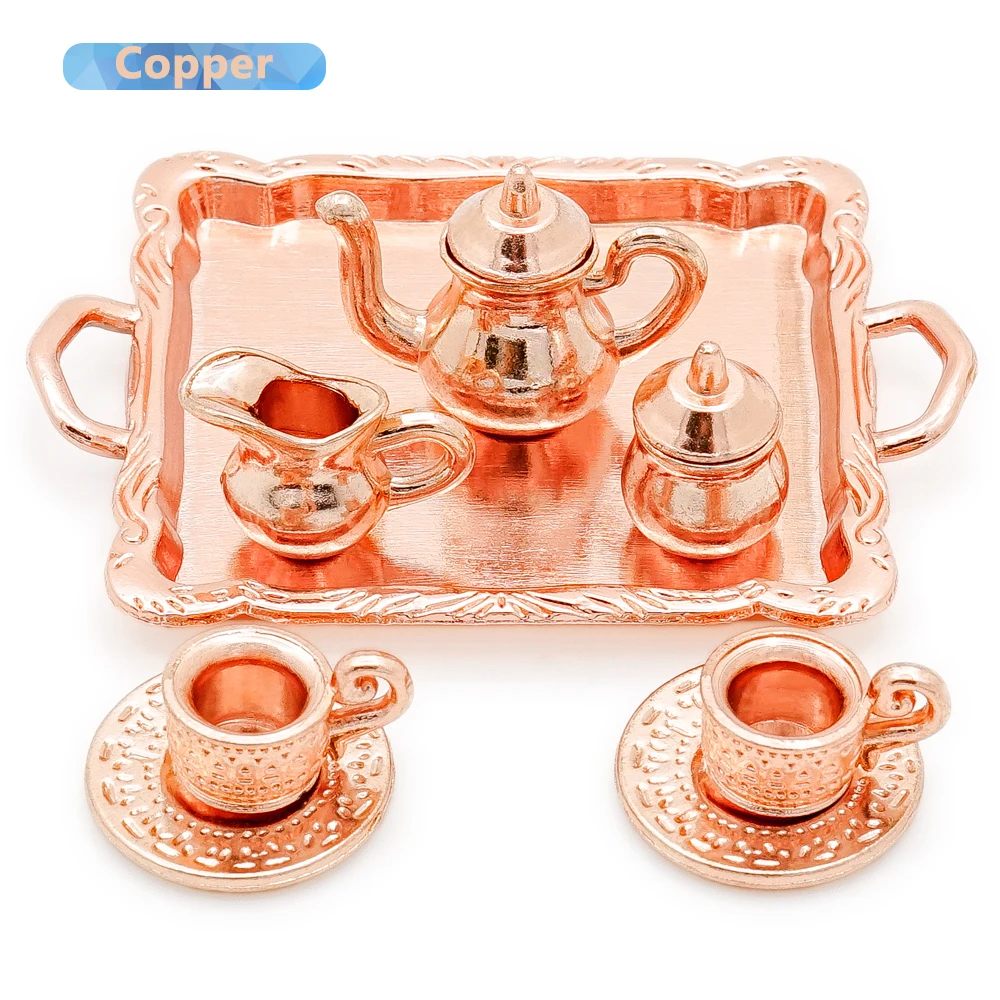 Odoria 1:12 миниатюрный набор из 8 чайных чашек блюдо с заварочным чайником кукольный домик кухонная посуда столовая украшение изделия - Цвет: Copper