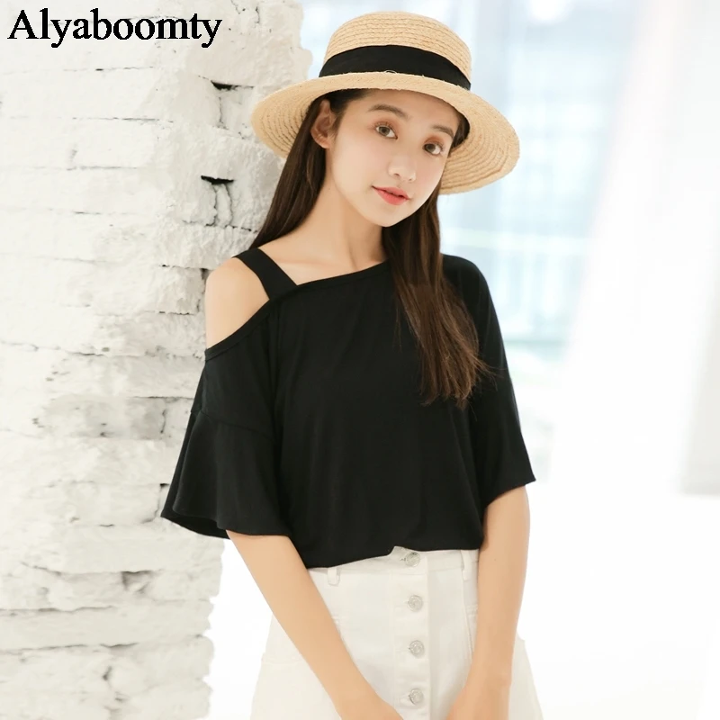 

Japanese Harajuku Women Black White Basic Top Suspender Off The Shoulder Gothic Modal Camiseta Mujer Flare Sleeve Korean T-Shirt