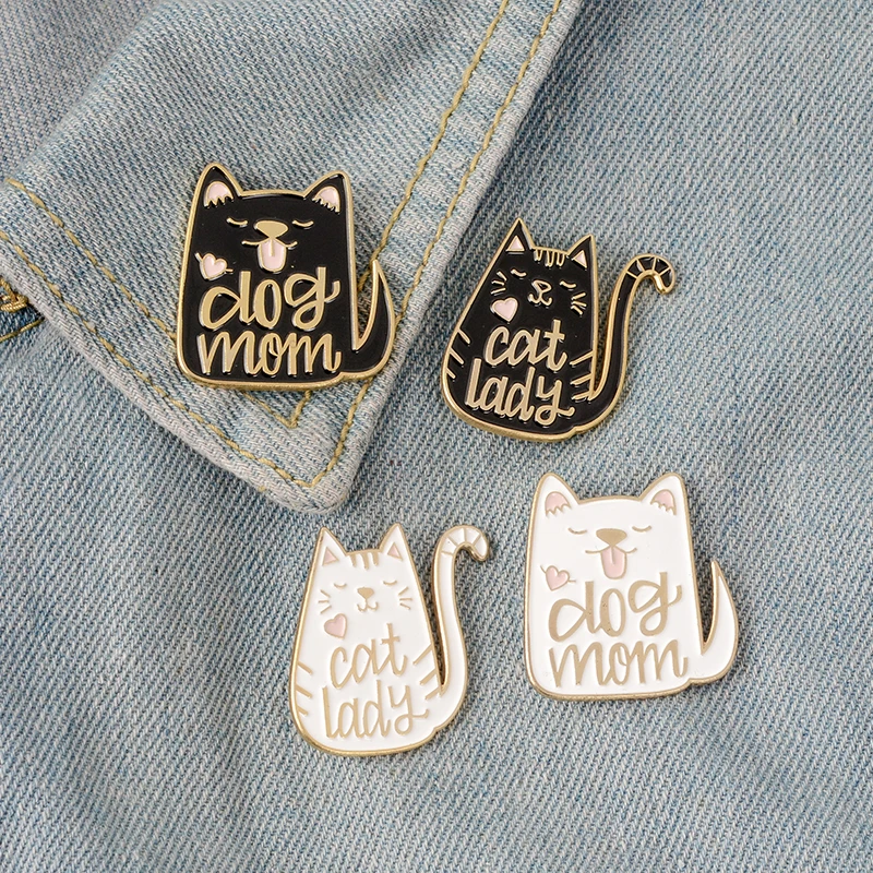 

Dog and Cat Enamel Pin Mom Lady Brooches Black White Cartoon Animal Metal Brooch Pins Badge Gift for Women Men Animal lovers