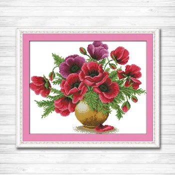 

Colorful Poppy flower vase counted print on canvas DMC 11CT 14CT Cross Stitch kit needlework Set DIY embroider Beautiful Flowers