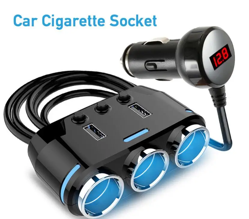 

12V-24V Car Cigarette Lighter 3 Way Socket Splitter Plug LED USB Charger Adapter Voltage Monitor For Phone Pad