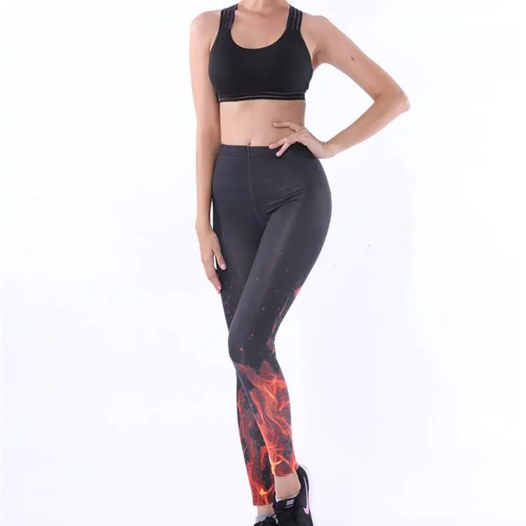 

Plus Size Flame Print Elastic Running Dancing Workout Fitness Leggings Mujer Sports Wear For Women Gym Fashion Pants