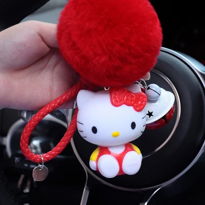 Милый мультяшный брелок hello kitty из кроличьего меха с помпонами, помпонами, брелок для женщин с кожаным ремешком, металлическое кольцо для ключей, цепочка для автомобильных сумок, брелок D35B