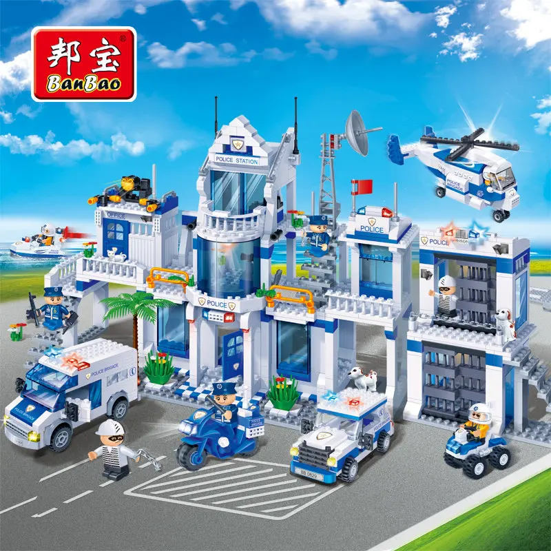 

BanBao Police Station Educational Building Blocks Toy For Children Gifts City Heroes Car Helicopter Boat Moto Weapon Stickers