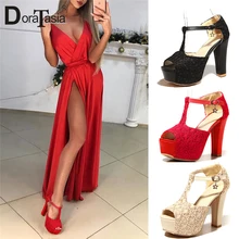

DORATASIA 2019 summer brand sexy women 12 cm heel wedding T-Strap sandals Ladies party Shoes Woman 32-43 platform high sandals