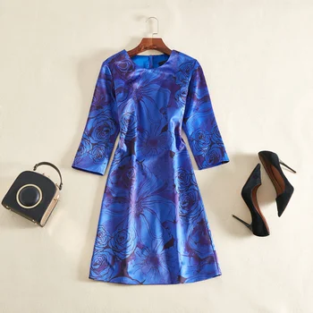 

Hot Sale Flower Print Women Dress Fashion O-Neck Pleated Dresses F5122