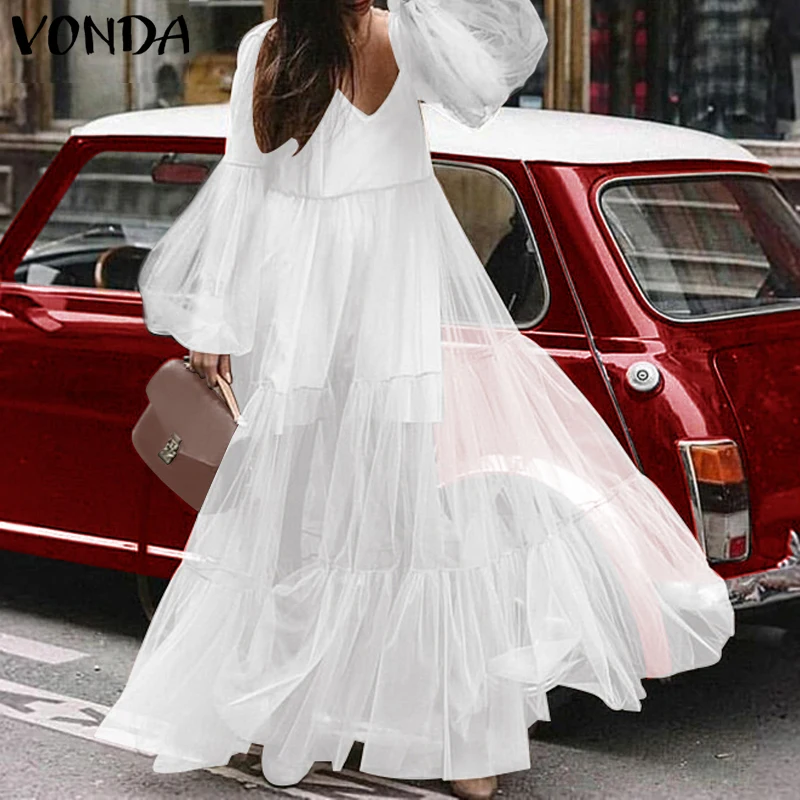 VONDA размера плюс белое кружевное женское платье осеннее сексуальное с v-образным вырезом Высокая талия фонарь длинный рукав вечернее платье Летнее Длинное Платье