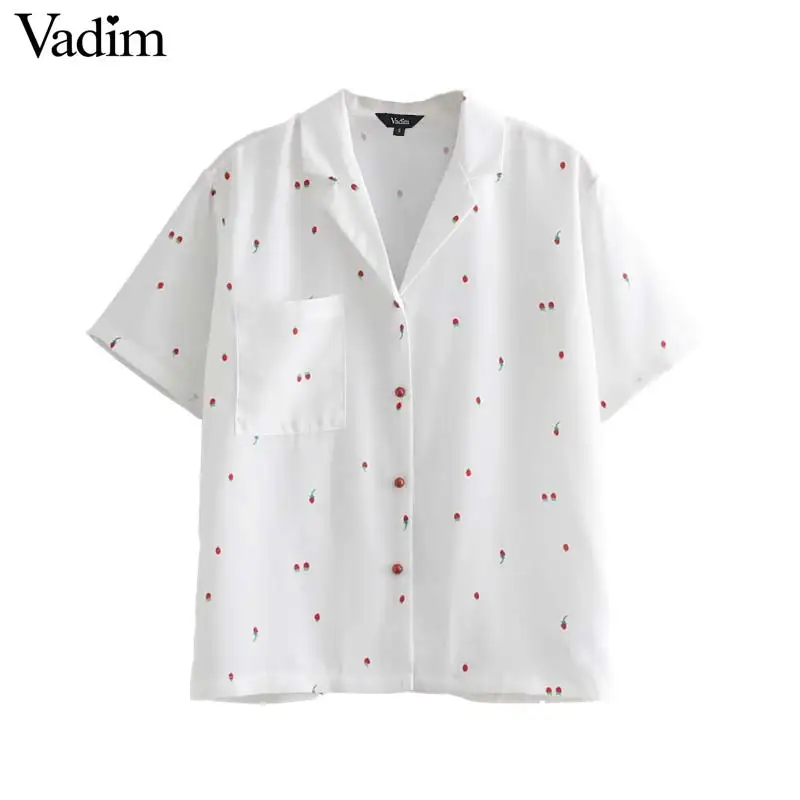 

Vadim women strawberry print blouse pockets short sleeve turn down collar female casual shirts chic white tops blusas DA301