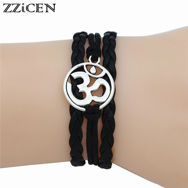 

4 Colors Buddhist Hinduism Yoga Jewelry Leather Bracelet Antique Silver AUM OM Charm Meditate Yoga Meditation Yogi OHM Bracelets
