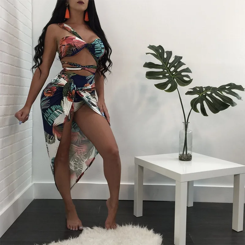 

2018 Bandage Bikini Swimwear 3Sets Scarf Printed Swimsuit High Waist Women Biquini Big Size Sexy Bather Plus XL Push Up Bikini