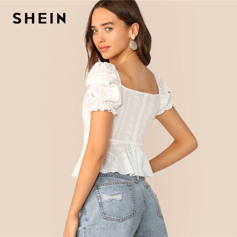 SHEIN топ с воланами, пышными рукавами, пуговицами спереди и баской, Boho, белая баска, с вышивкой, летние женские топы и блузки