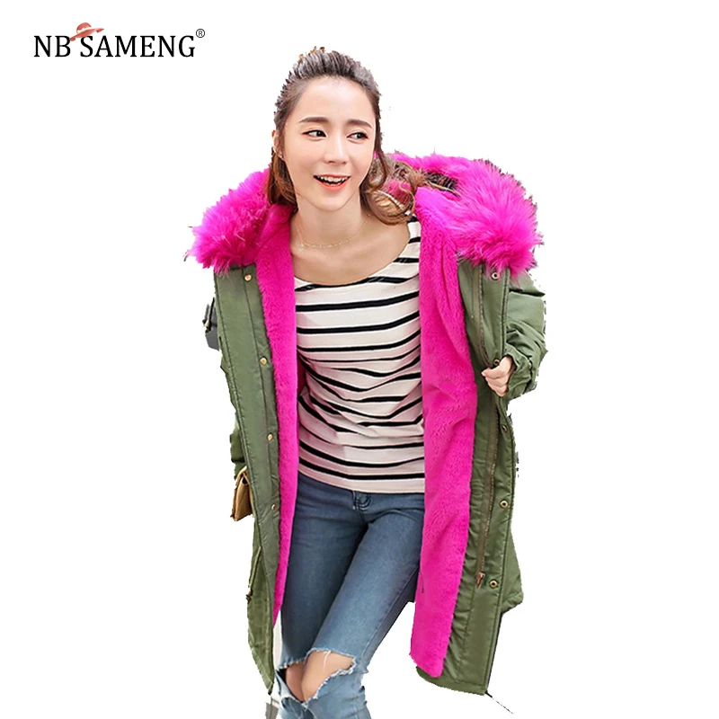 2018 Jacket Winter Oversize Long Hooded Fur Collar Coat Women Plus Thick Hood Warm Army Green Pink Coats | Женская одежда