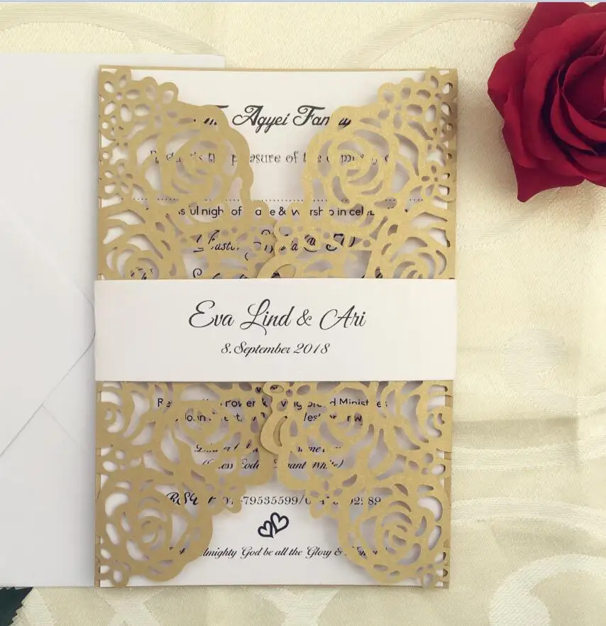 

Gold shimmer Laser Cut Wedding Invitations Card With Belly Band Party Engagement Invitation Cards, 100sets, Express Shipping