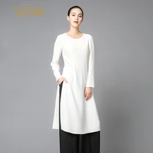VOA белые длинные футболки для женщин Короткие Длинные рукава Сплит удлиненные футболки Роскошные однотонные топы с круглым вырезом B7202